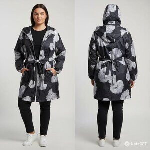 Packable Novelti Reversible Hooded Trench Jacket - Black Floral/Solid Gray